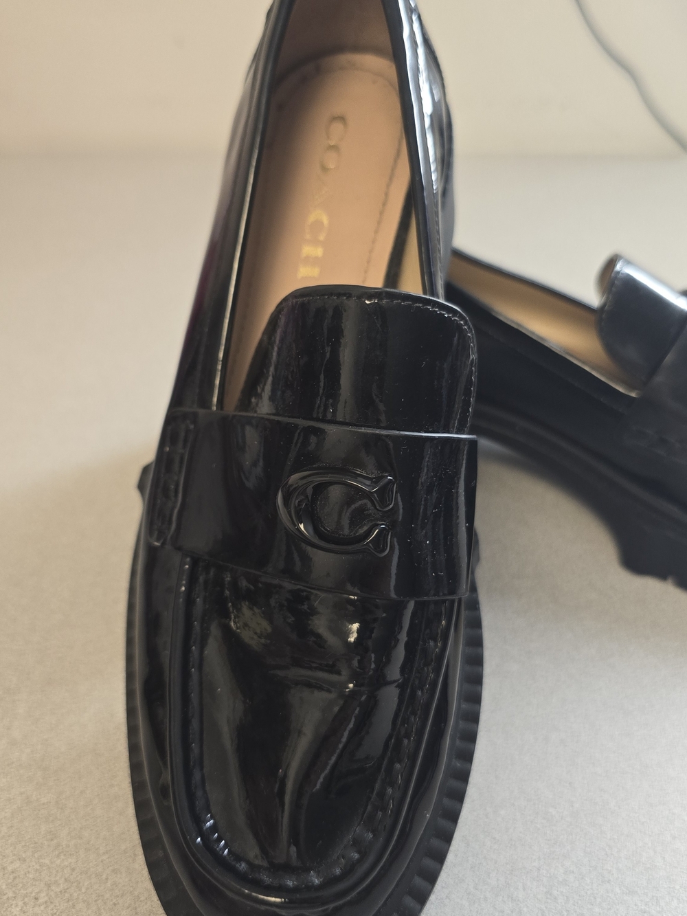 Coach Black Patent Leather Platform Loafers Women's Size 8.5 Chunky Lug Sole - Picture 7 of 8